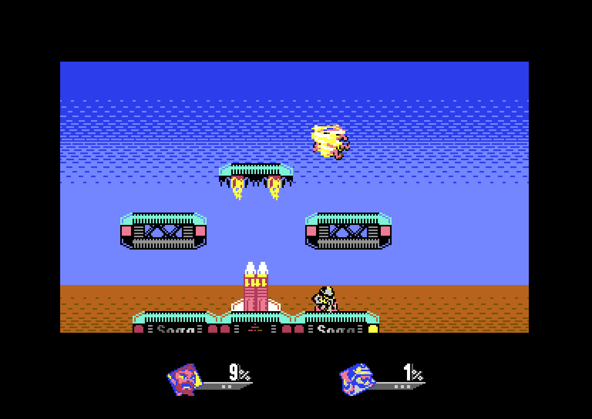 Fiery special attack mid-air in Awesome SlamSibs Infinite, C64 platform fighter