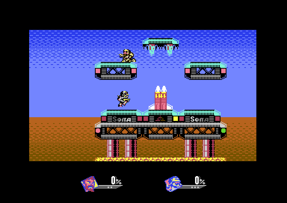 Two fighters brawling on the Turrican stage in Awesome SlamSibs Infinite for Commodore 64