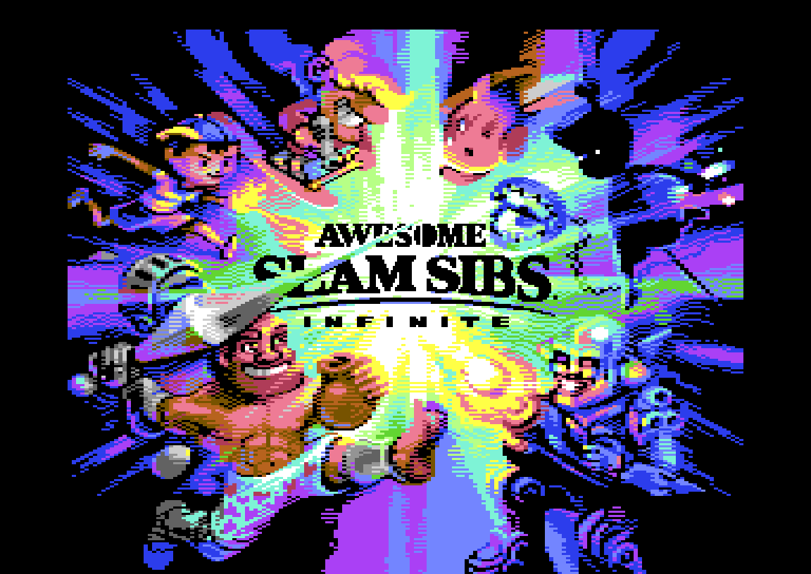 Awesome SlamSibs Infinite title screen on the Commodore 64 showing the full fighter roster