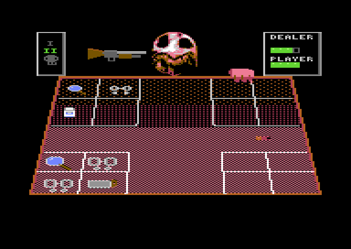 The Dealer raises the shotgun on his turn in Buckshot Roulette for Commodore 64