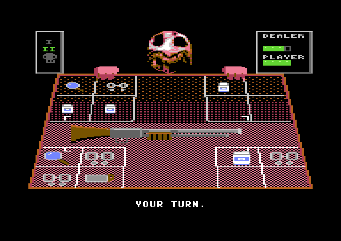 Buckshot Roulette C64 round two with items on the table: magnifying glass, handcuffs, beer and cigarettes