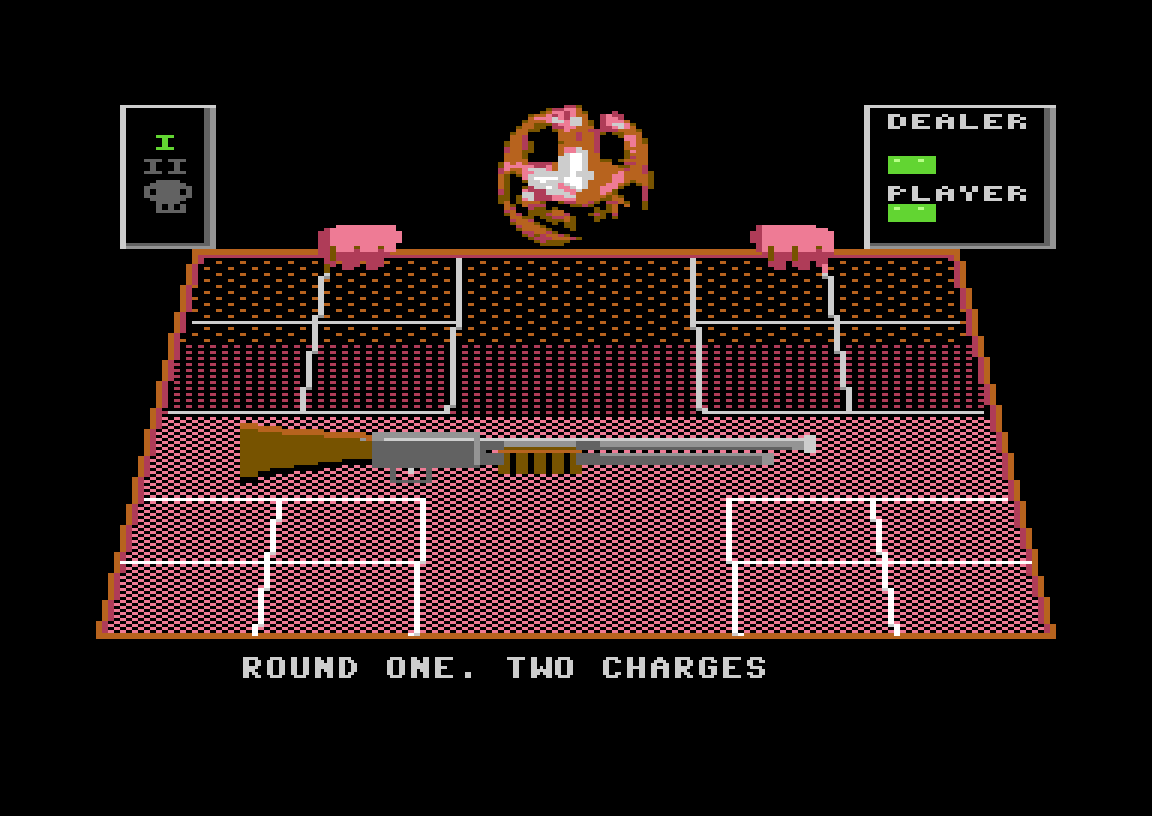 Buckshot Roulette on Commodore 64: round one, two charges, shotgun on the table in front of the Dealer