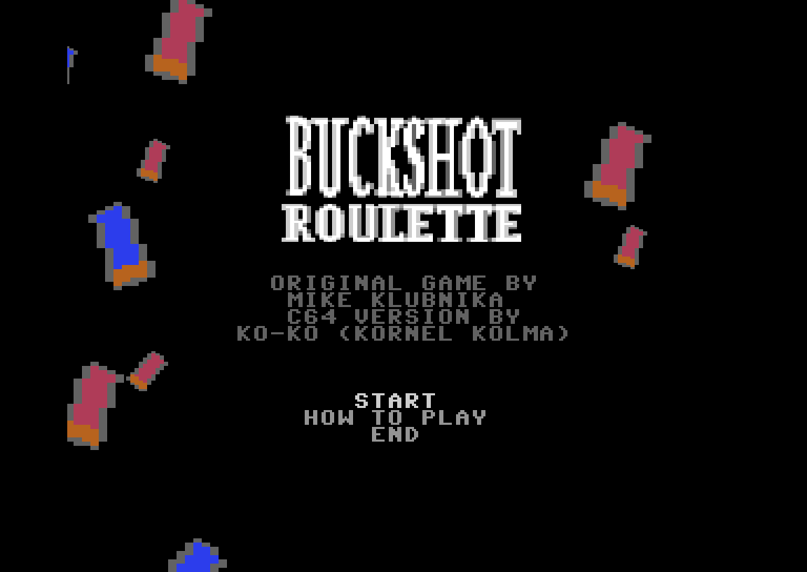 Buckshot Roulette C64 title screen with falling shotgun shells, original game by Mike Klubnika, C64 version by Ko-Ko