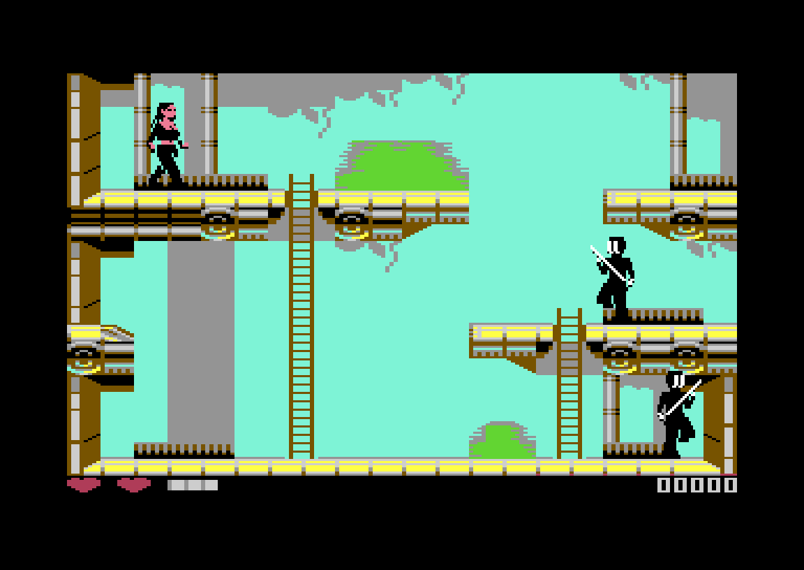 Domain 83 gameplay on the C64: the player character on the top floor of a pipe and girder complex, with two blade-carrying androids on the floors below
