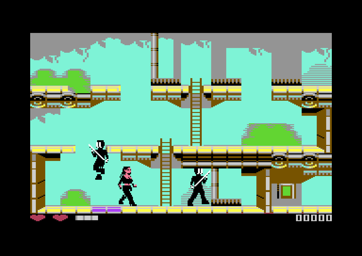Domain 83 on the Commodore 64: the hero fights an android on the ground floor next to a ladder while another android leaps down from above