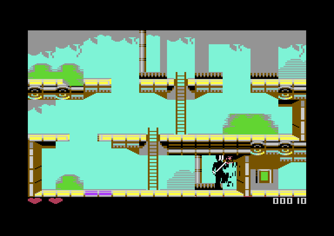 Domain 83 gameplay on the C64: the player character facing an android on the lower walkway of the complex