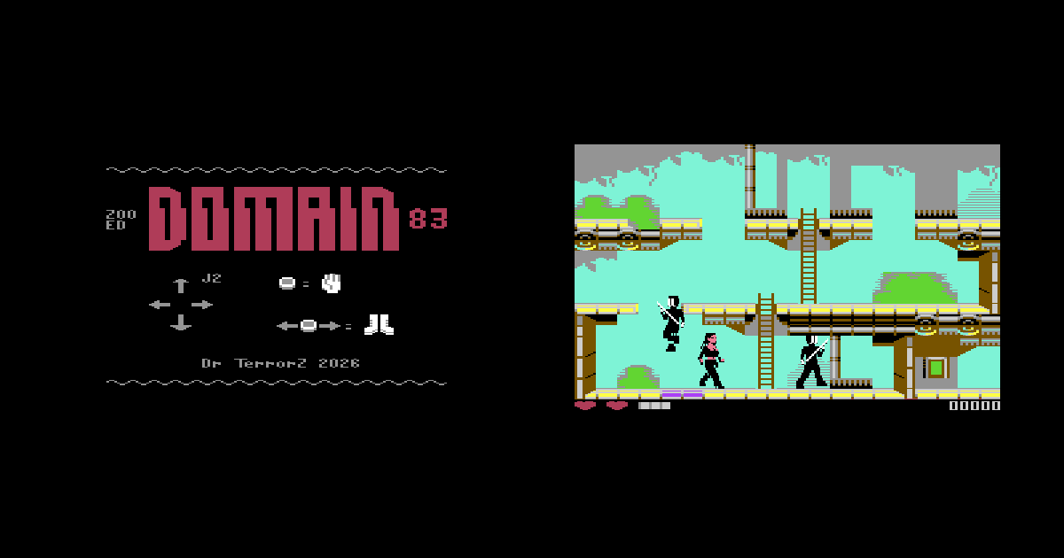 Domain 83 on the Commodore 64: title screen and gameplay