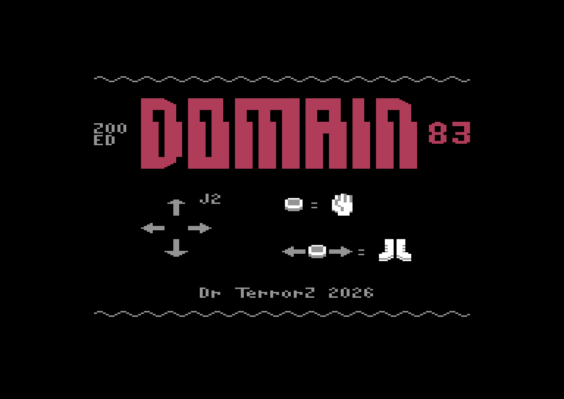 Domain 83 title screen on the Commodore 64: the Domain 83 logo, joystick port 2 diagram and the fire button for punch and flying kick