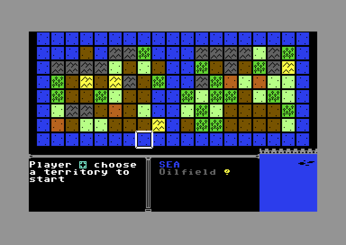 A randomly generated Dominion map on the C64 with sea, grassland, forest, mountains and deserts, and the territory info panel