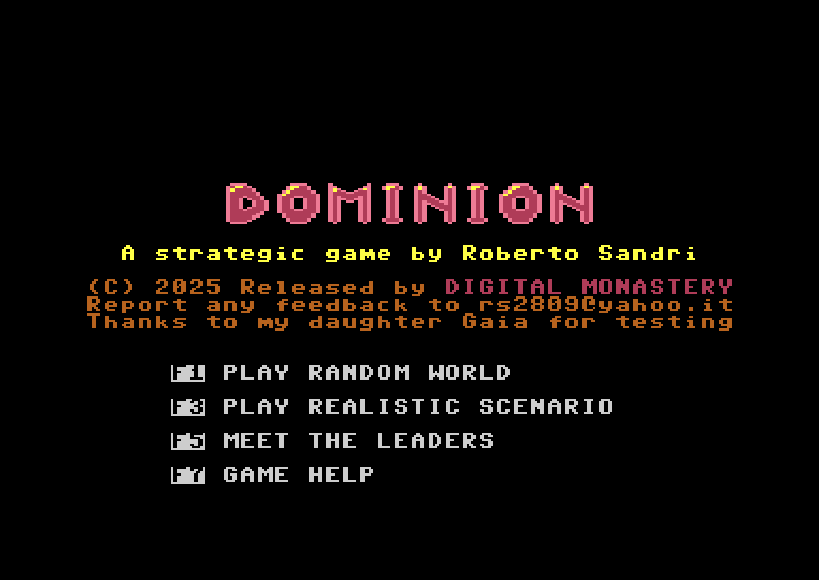 Dominion main menu on the C64: Play Random World, Play Realistic Scenario, Meet the Leaders and Game Help