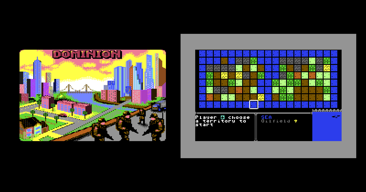 Dominion on the Commodore 64: title screen and gameplay