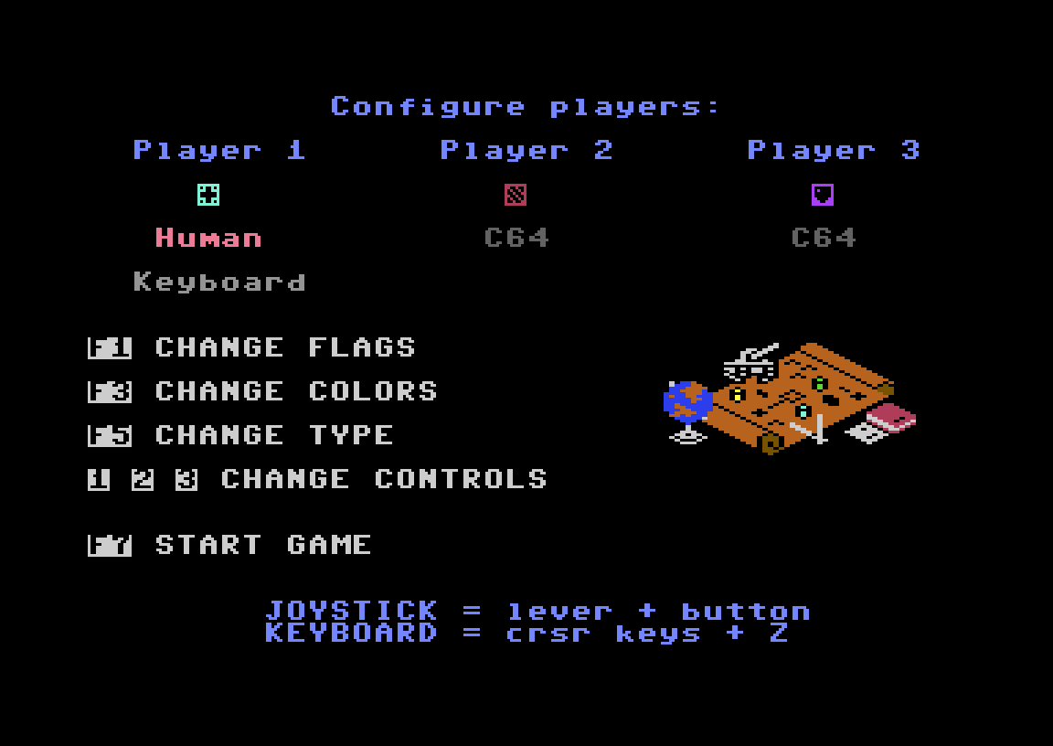 Dominion player setup on the C64: three players with flags and colours, one human on keyboard and two C64 opponents