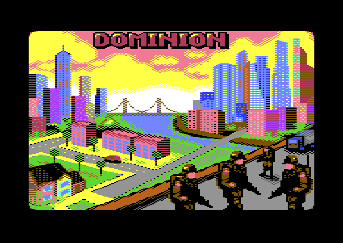 Dominion title picture on the Commodore 64: a city skyline, a river with a bridge and soldiers in the foreground