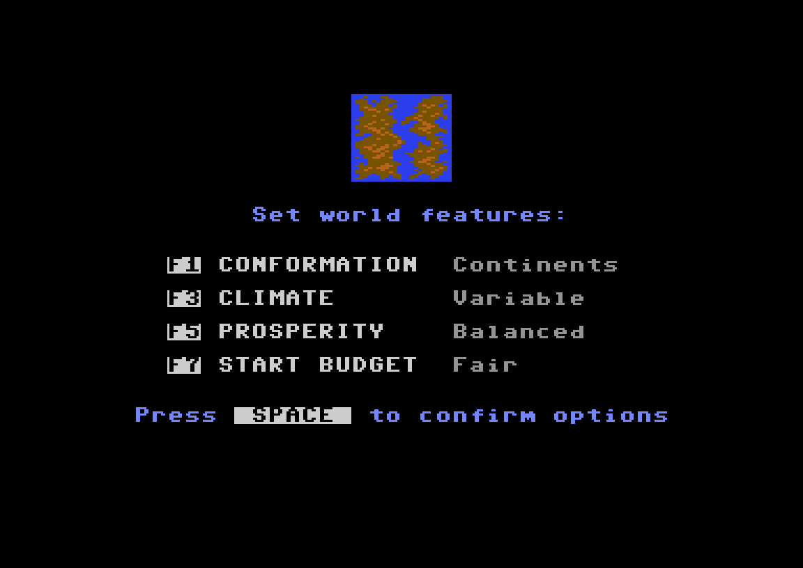 Dominion world setup screen on the Commodore 64 with conformation, climate, prosperity and start budget options