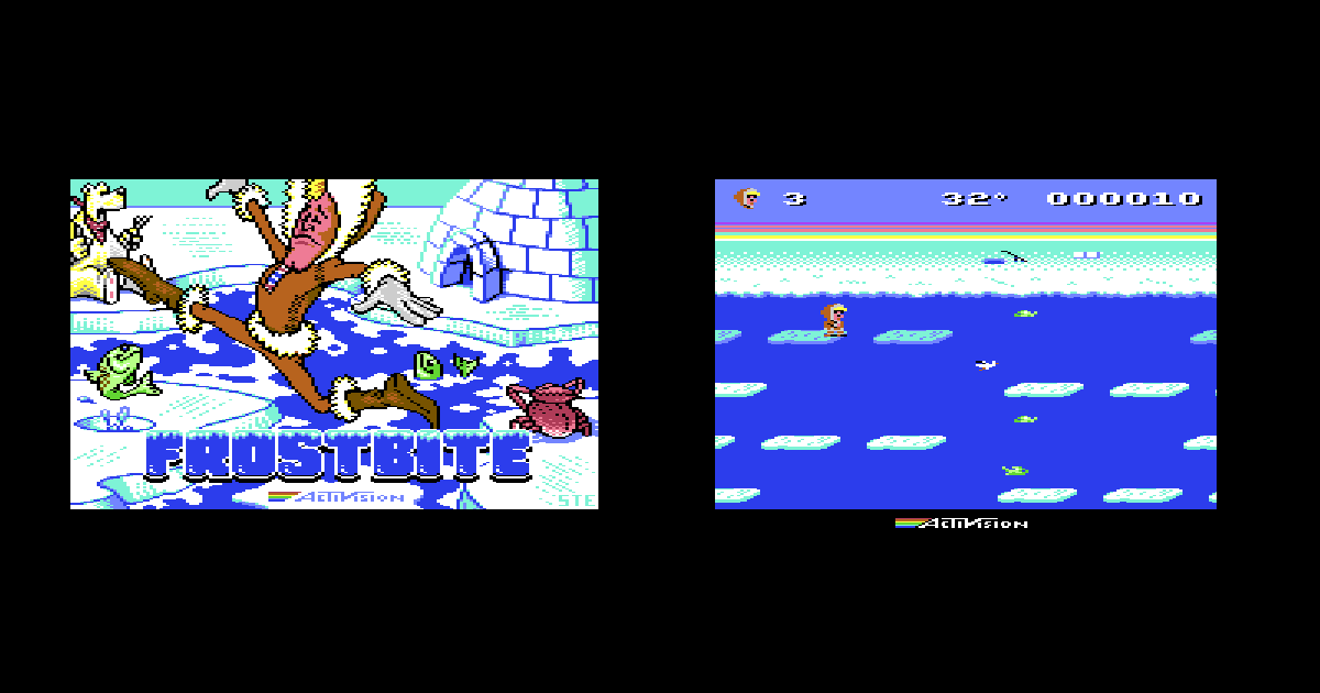 Frostbite on the Commodore 64: title screen and gameplay