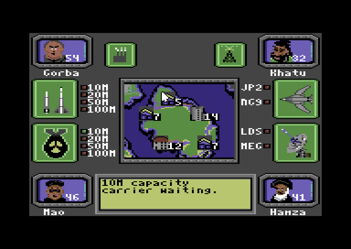 Nuclear Party on the C64: the Command Center with the message "10M capacity carrier waiting."