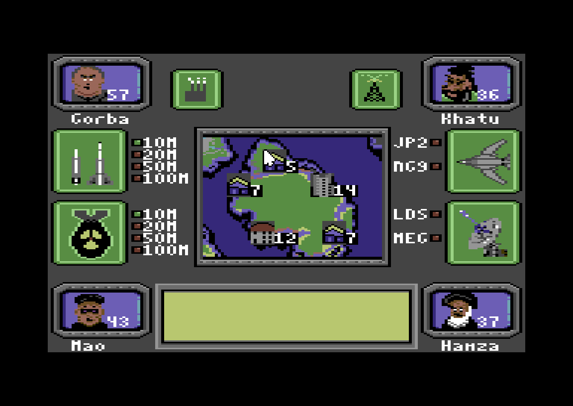 Nuclear Party Command Center on the C64: missile and warhead panels on the left, bomber and radar on the right, factory and propaganda icons at the top, your country in the centre view and four rival leaders in the corners