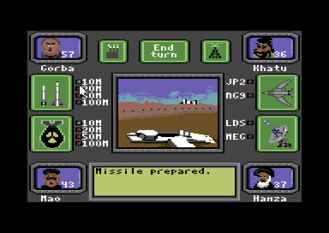 Nuclear Party on the Commodore 64: a missile on its launch pad in the centre view and the message "Missile prepared."