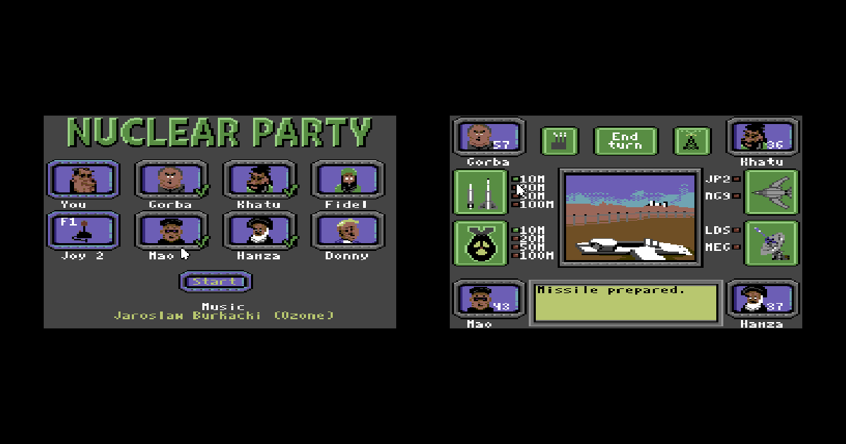 Nuclear Party on the Commodore 64: title screen and gameplay
