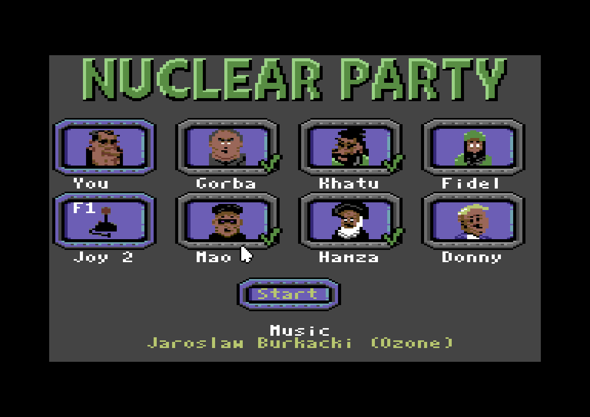Nuclear Party title screen on the Commodore 64: portraits of the player and six world leaders, four of them ticked as opponents, and the Start button