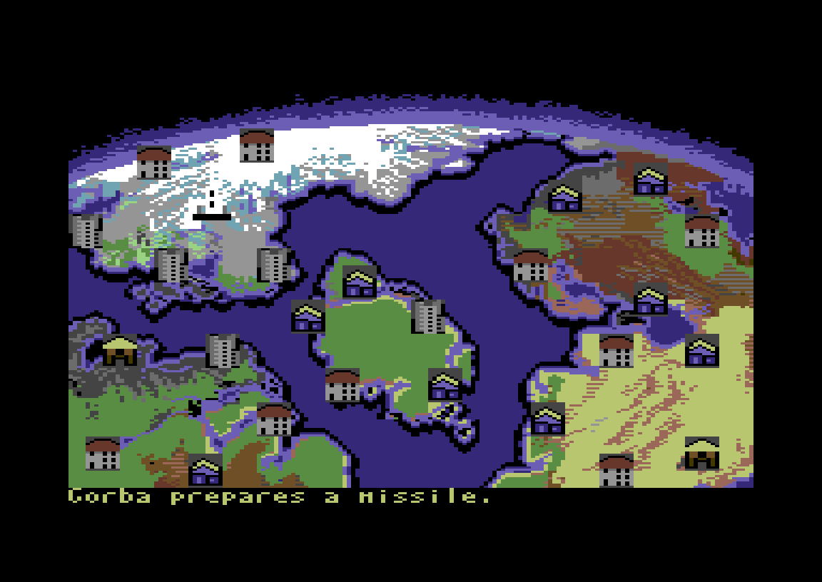 Nuclear Party world map on the Commodore 64: continents with cities and buildings, and the message "Gorba prepares a missile."
