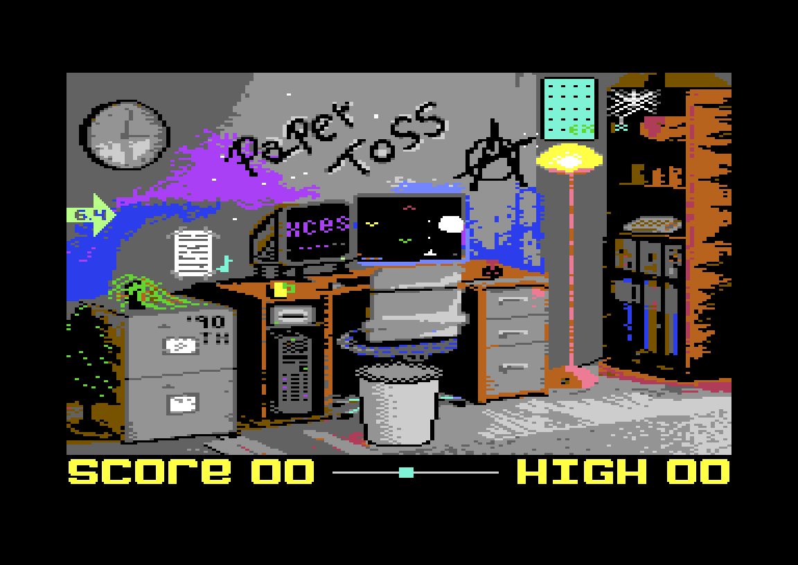 A paper ball flying towards the bin in Paper Toss on the C64, with the wind arrow showing on the left