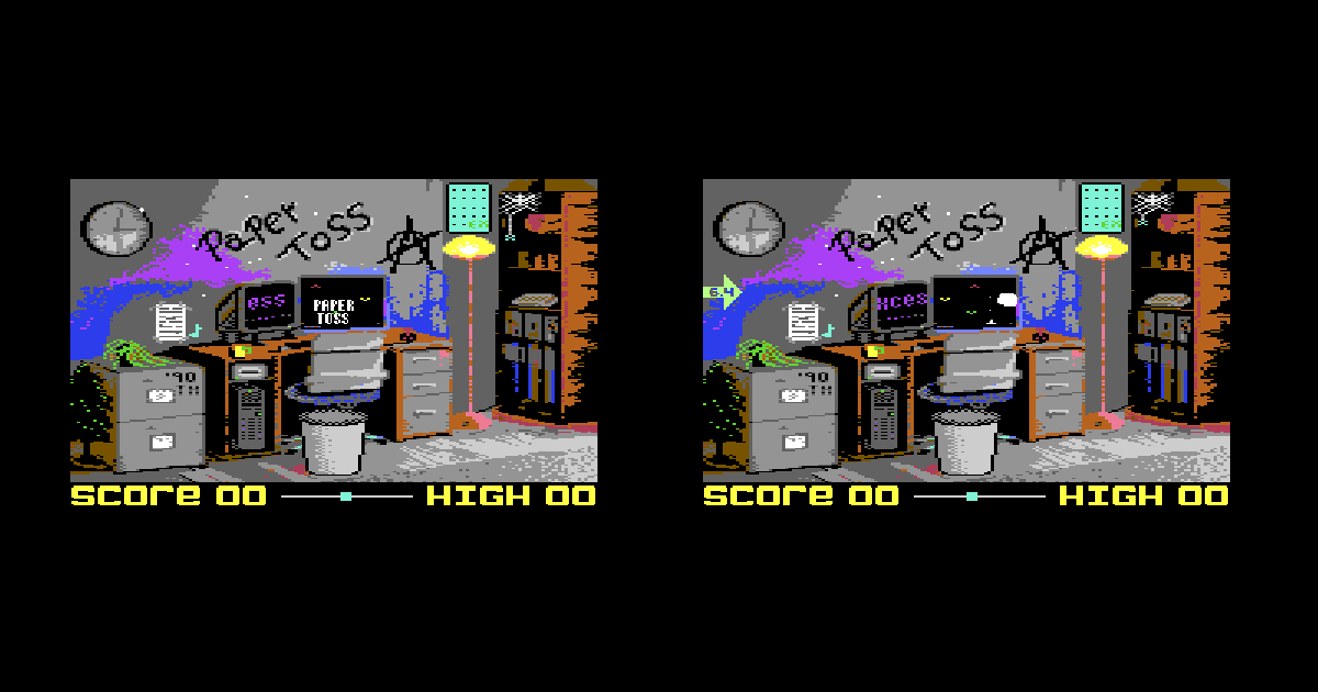 Paper Toss on the Commodore 64: title screen and gameplay