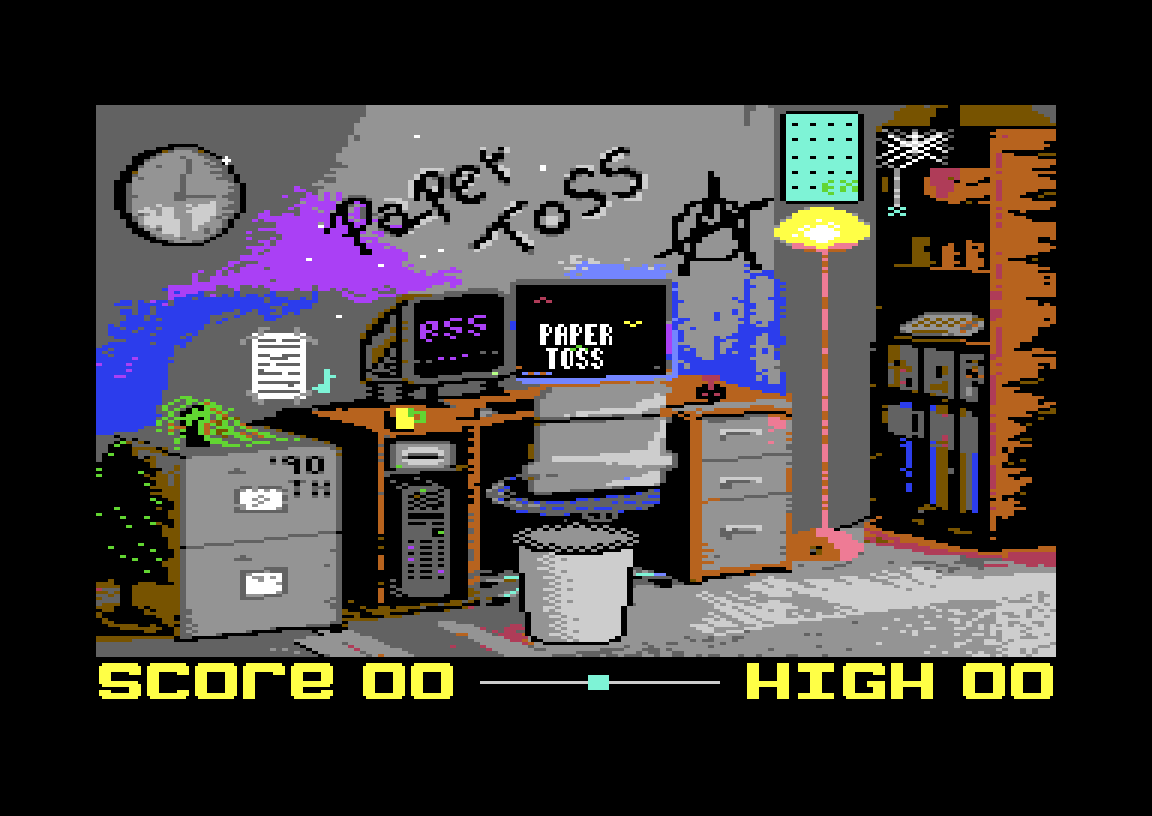 Paper Toss title screen on the Commodore 64: a messy office with a desk, monitors and a waste bin