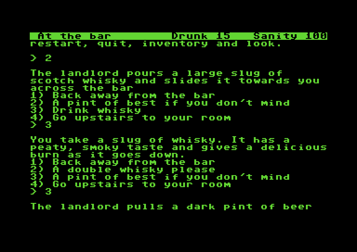 Shelter C64 at the bar: the landlord pours a whisky and pulls a pint of beer, the status line shows Drunk 15