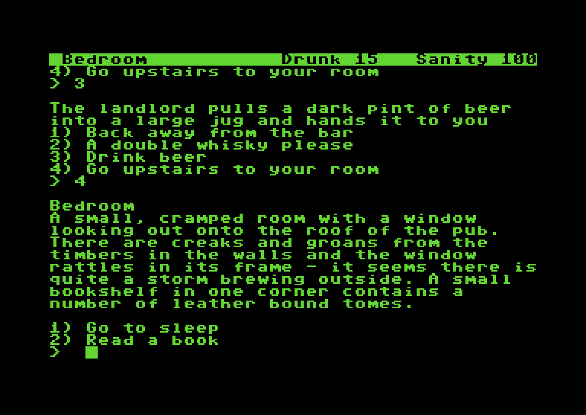 Shelter Commodore 64 bedroom scene: a small cramped room above the pub with a storm outside and a bookshelf of leather bound tomes, options Go to sleep or Read a book