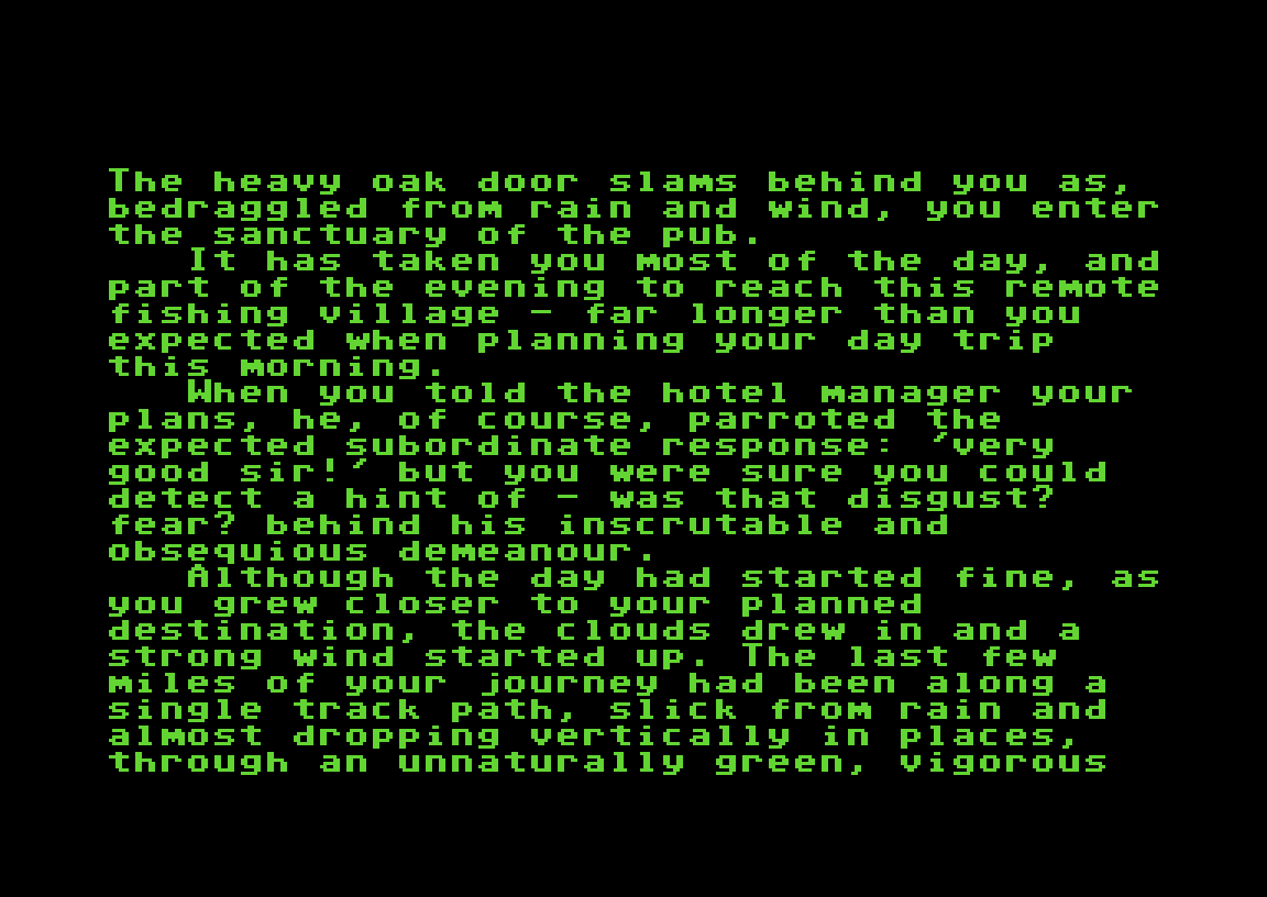 Shelter C64 opening text in green on black: the heavy oak door slams behind you as you enter the sanctuary of the pub