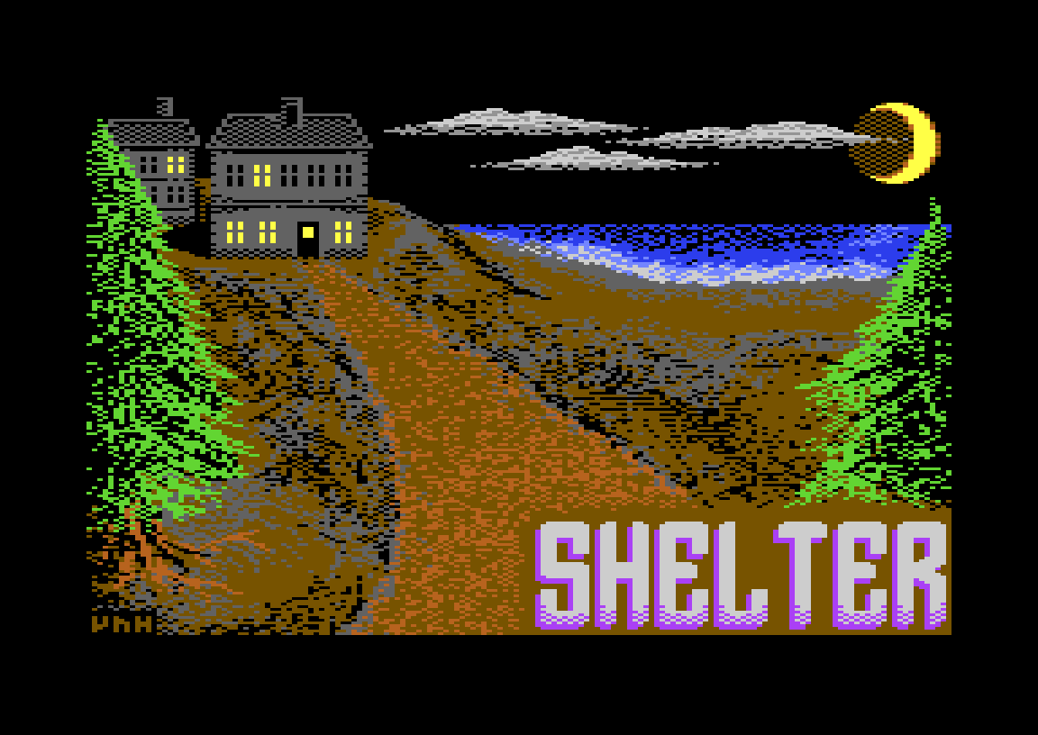 Shelter loading screen on the Commodore 64: houses on a hill above a stormy sea under a crescent moon, with the SHELTER logo