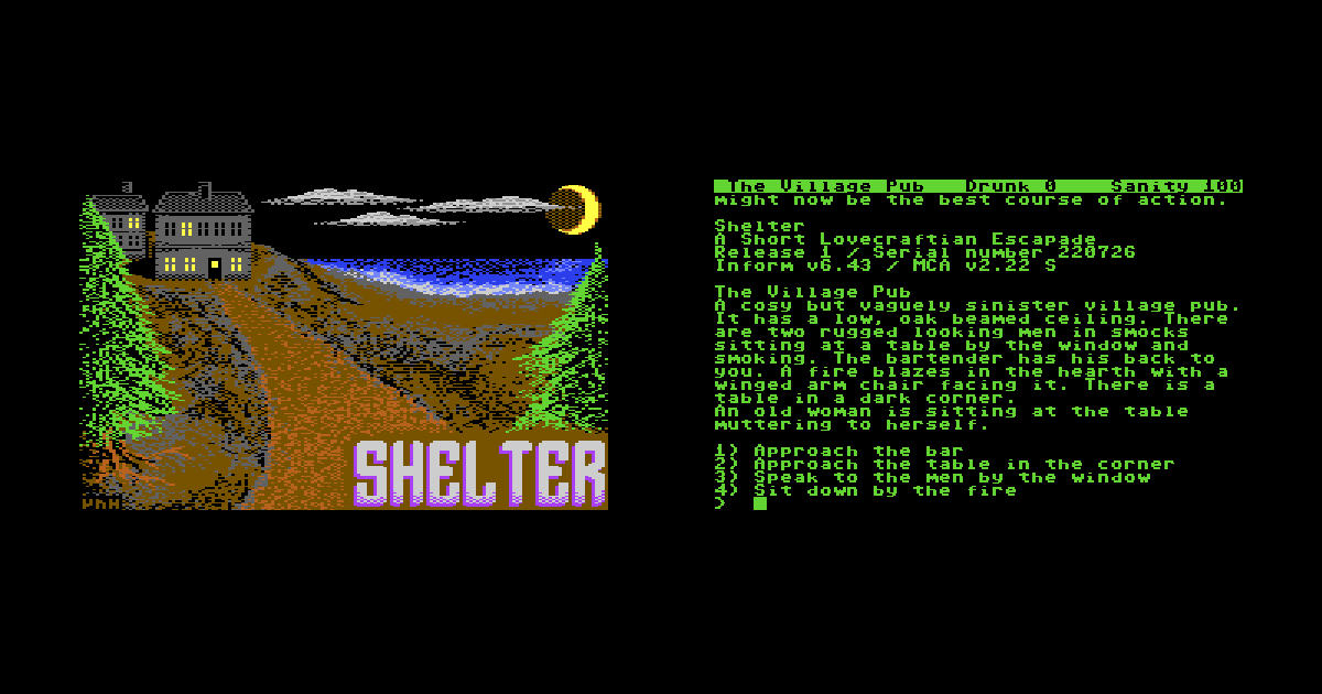 Shelter on the Commodore 64: title screen and gameplay