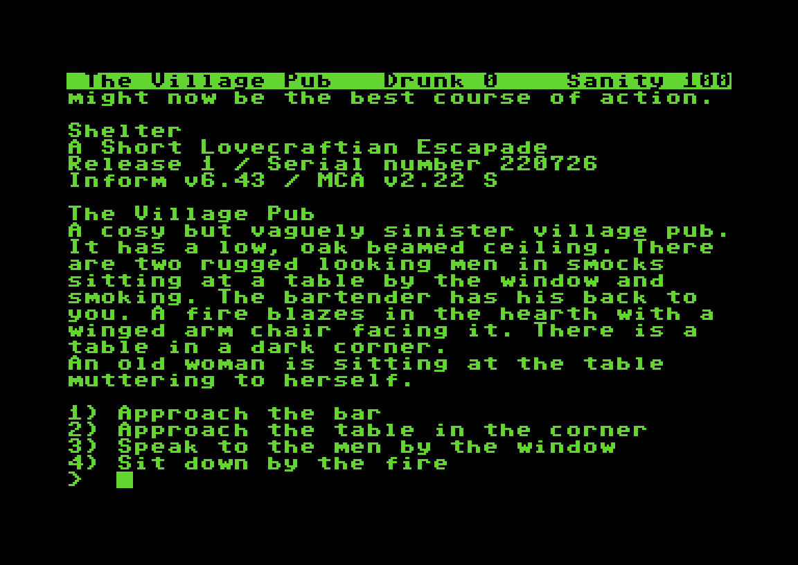 Shelter Commodore 64 screen in The Village Pub with the status line showing Drunk 0 and Sanity 100 and four numbered options