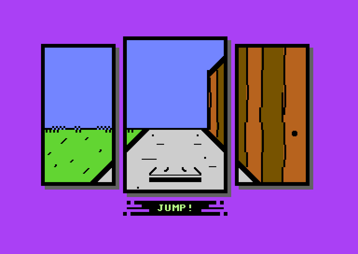 A pogo jump in progress in Street Sports Pogo, shown in three PETSCII panels with the JUMP prompt