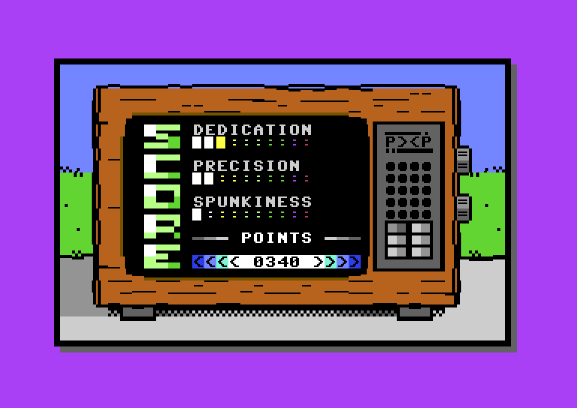 Street Sports Pogo score screen on a wooden TV set, with Dedication, Precision and Spunkiness bars and the points total