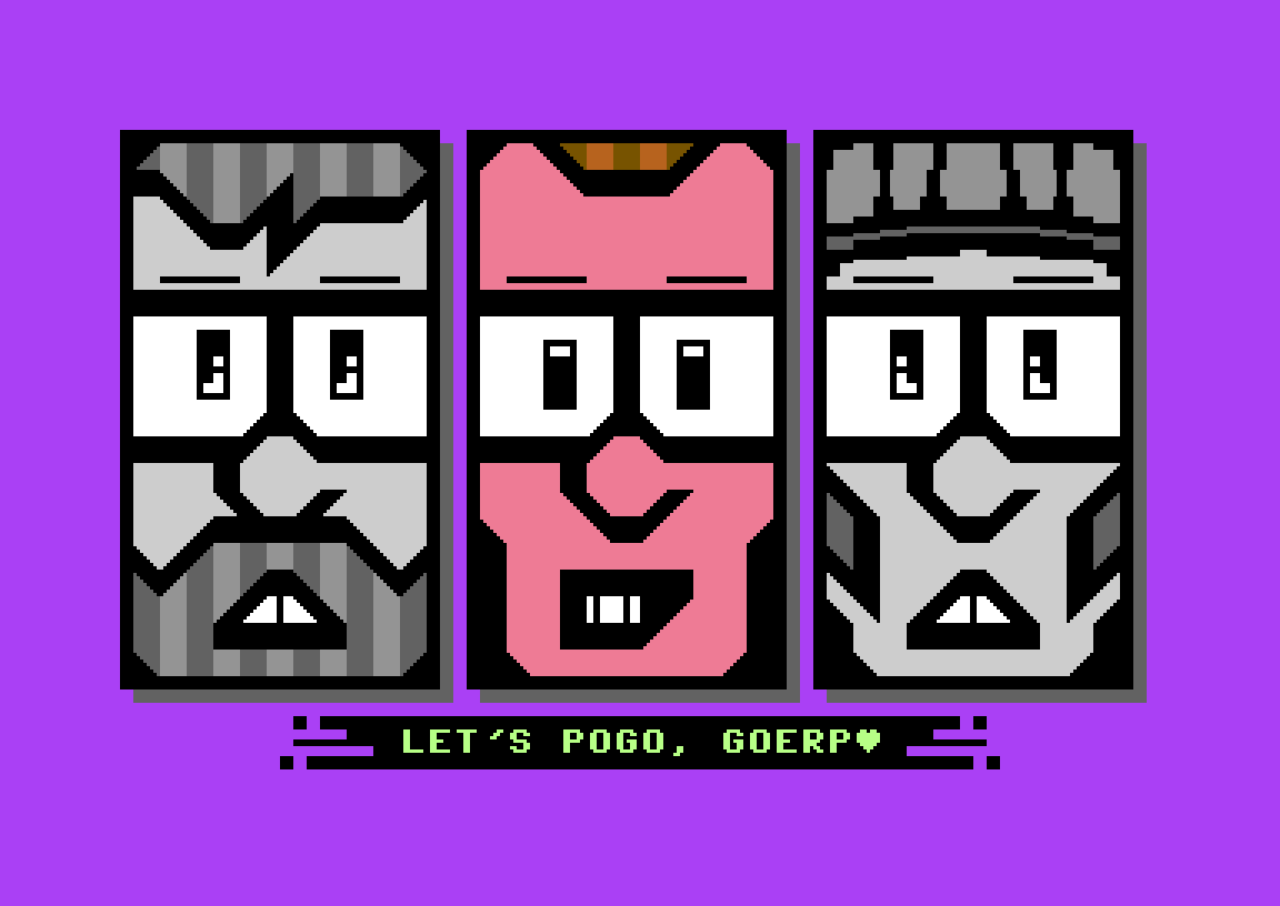 Character select in Street Sports Pogo: three PETSCII faces of the Pixel Punx jmin, Goerp and LDX#40