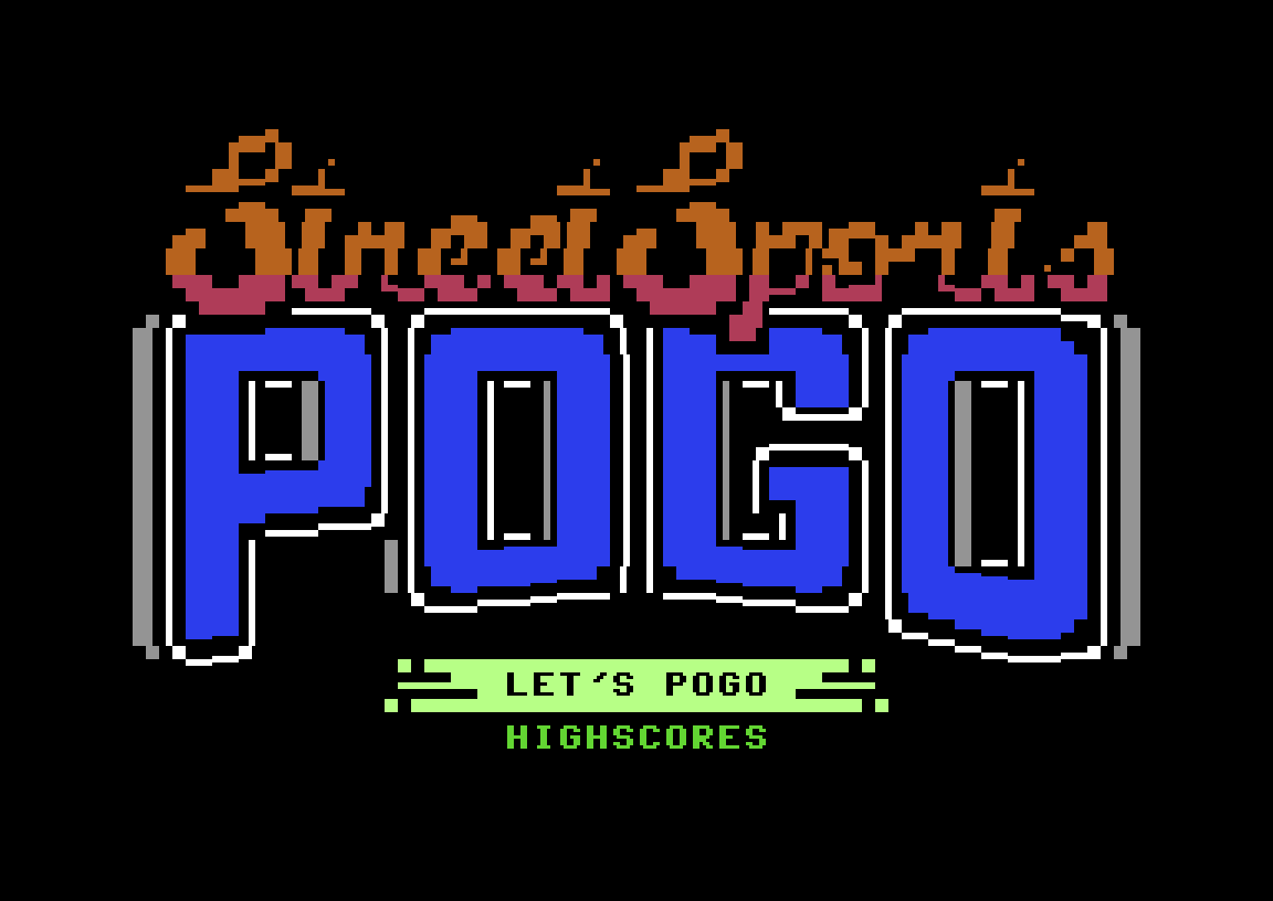 Street Sports Pogo title screen on the Commodore 64 with the big PETSCII POGO logo and the Let's Pogo menu