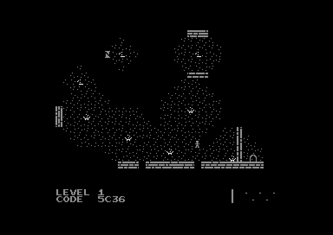 Tenebra 2 level 1 on the Commodore 64: lit patches of dungeon floor, torches, cracks in the wall and the exit gate
